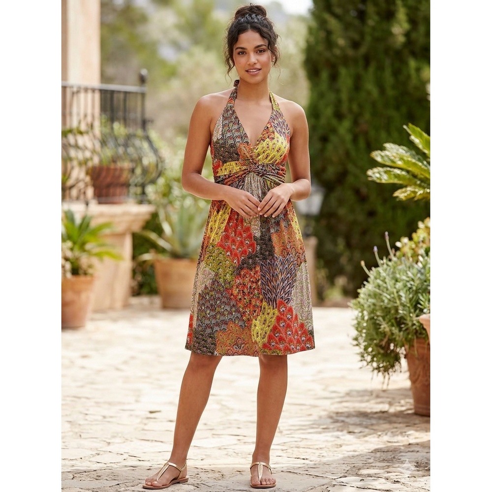 Muse Womens Size 6 Multicolor Paisley Halter V-Neck Fit & Flare Knee Dress